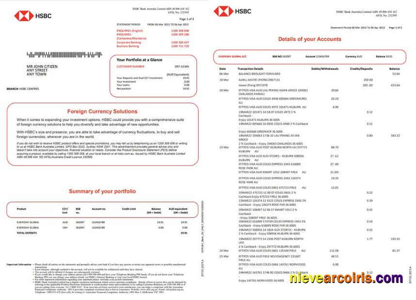 Australia HSBC bank statement, Word and PDF, 3 pages